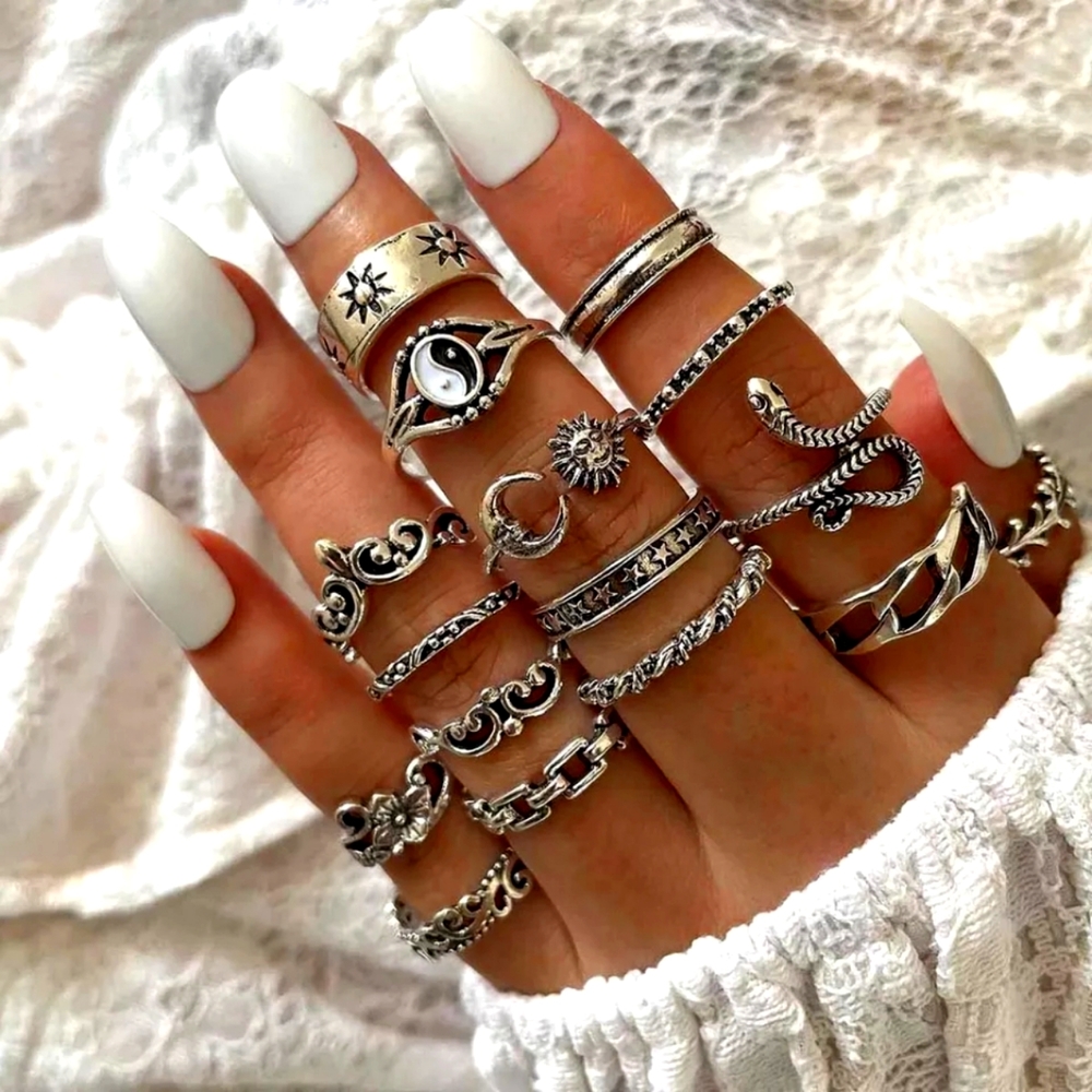 Lot of 16 silver unique rings bohemian mixed sizes